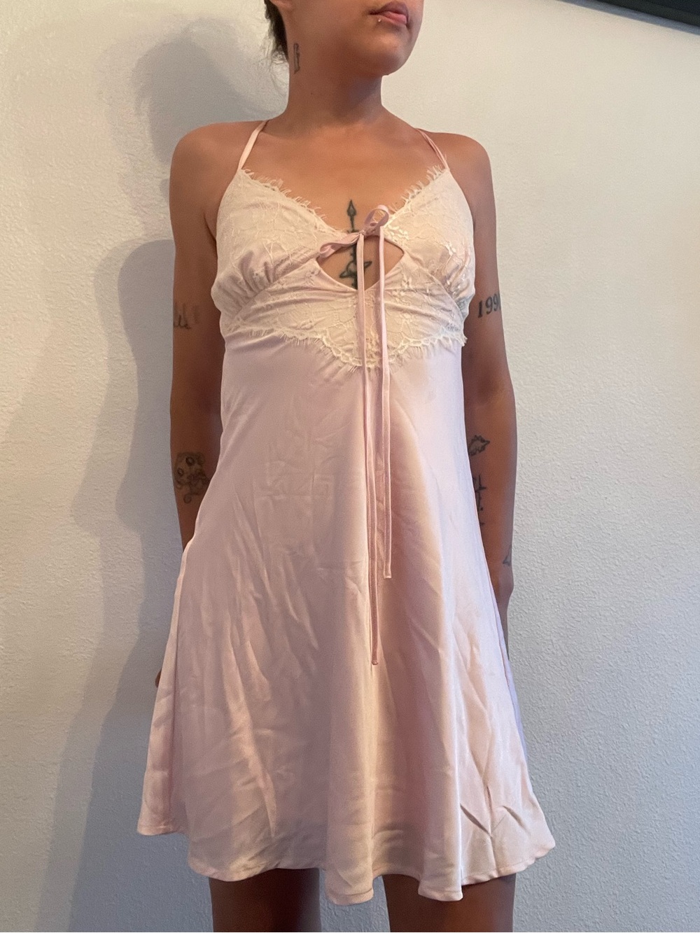 Pink Satin Lace Trim V-Neck Chemise Nightgown Adjustable Straps XXS (Wild Fable)